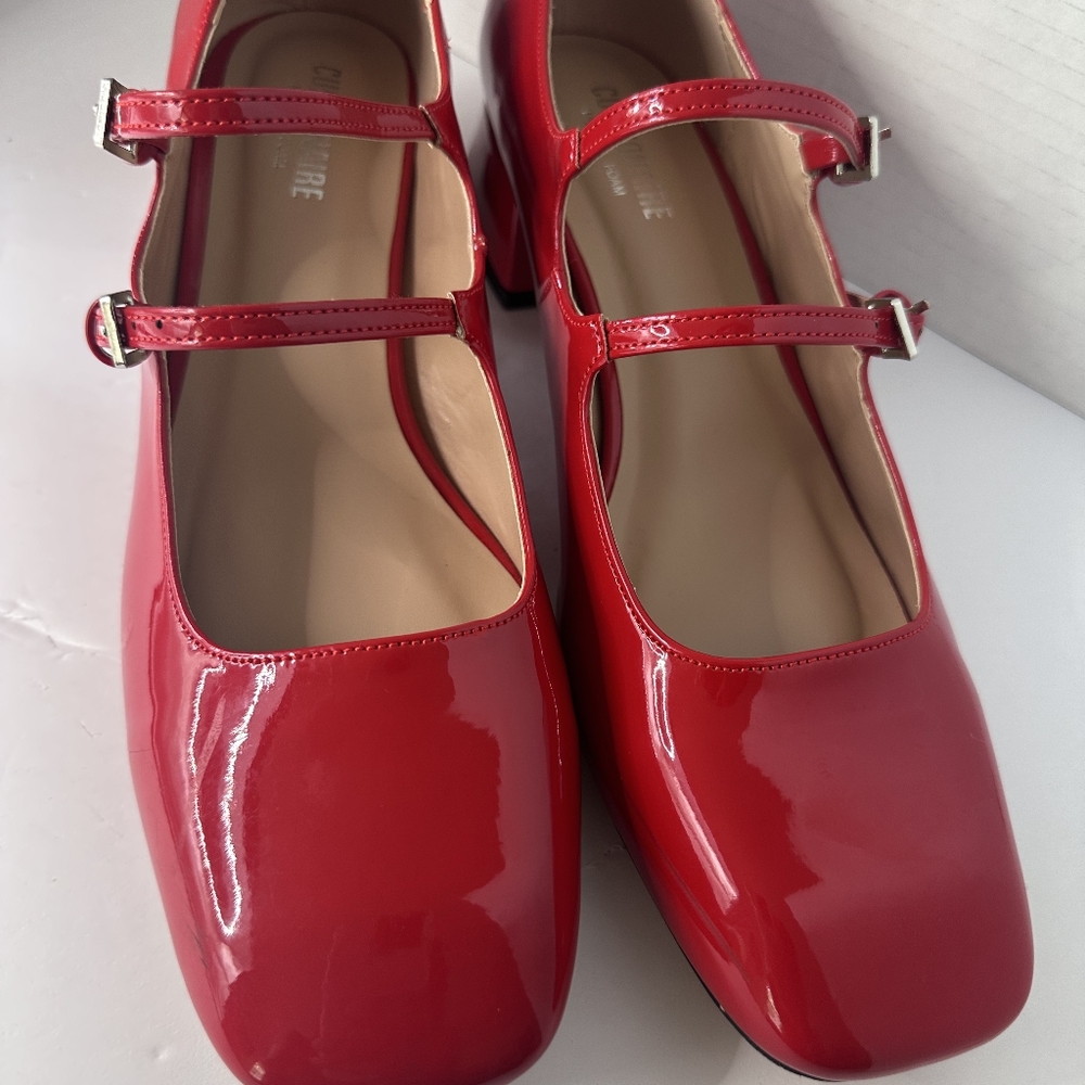 Vibrant Red Patent Leather Loafers with Buckle Straps